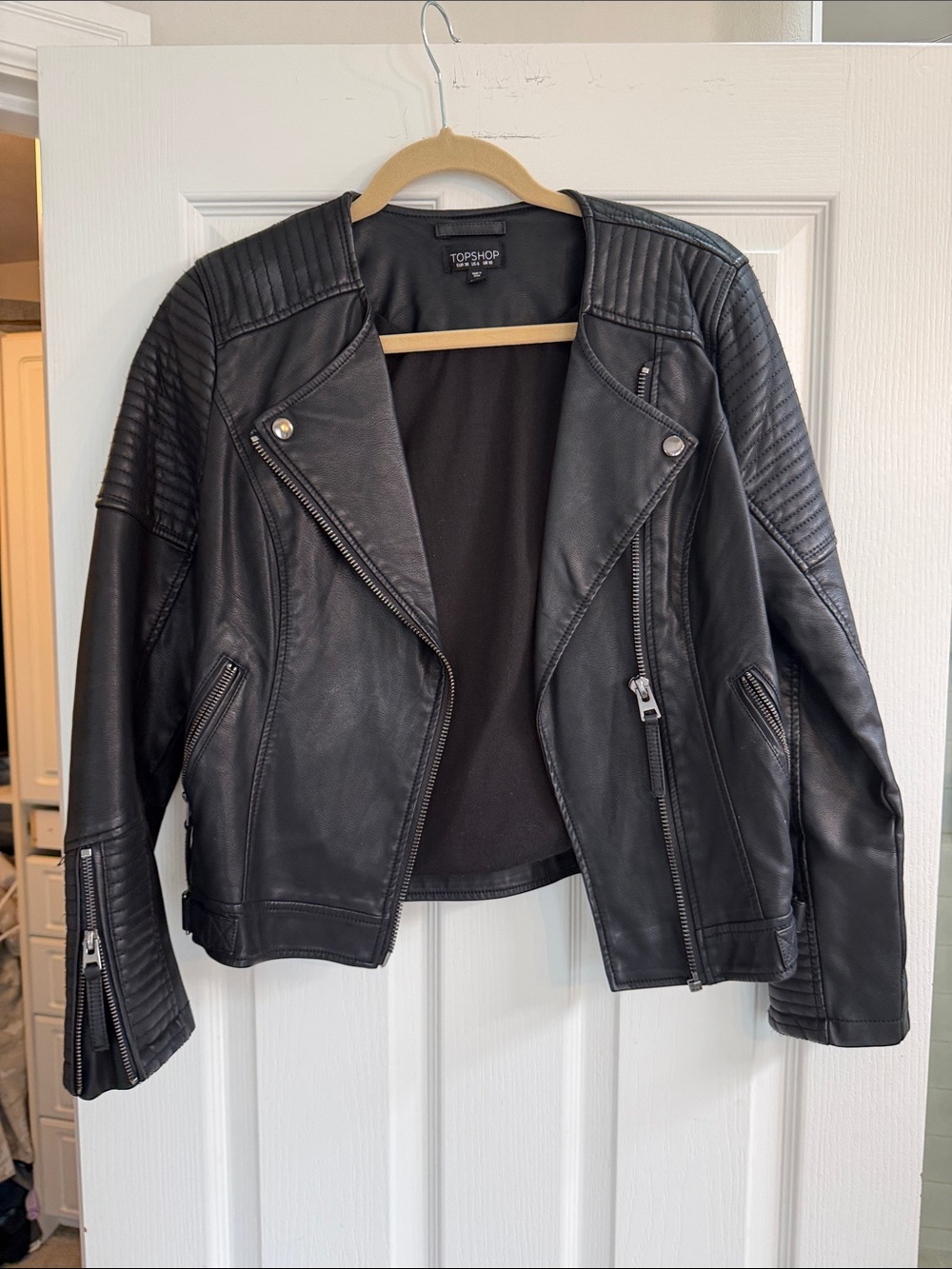 Topshop Black Quilted Faux Leather Moto Jacket